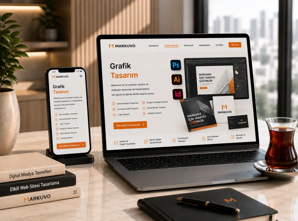 Markanızı güçlendiren profesyonel grafik tasarım hizmetleri. Logo, kurumsal kimlik, sosyal medya, katalog, broşür ve dijital tasarım çözümleri Markuvoda.